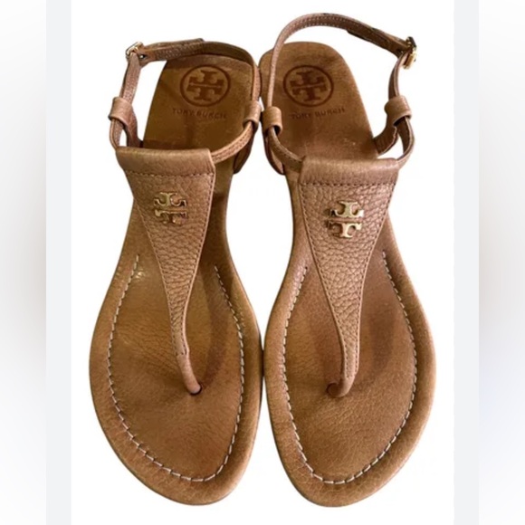 Tory Burch Shoes - Tory Burch Tan Leather Logo minimalist Thong Sandals